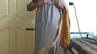desi  indian tamil telugu kannada malayalam hindi sex-mad cheating wife vanitha wearing grey colour saree  showing big boobs and shaved pussy press hard boobs press nip rubbing pussy masturbation