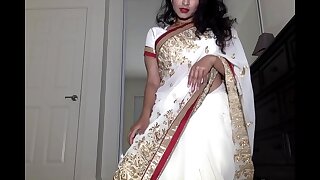 Desi Dhabi in Saree getting Stripped and Plays with Hairy Pussy